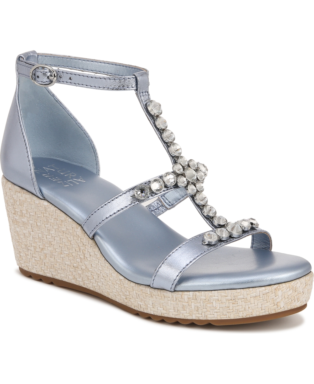 Serena Wedge Sandals - Light Blue Metallic Faux Leather