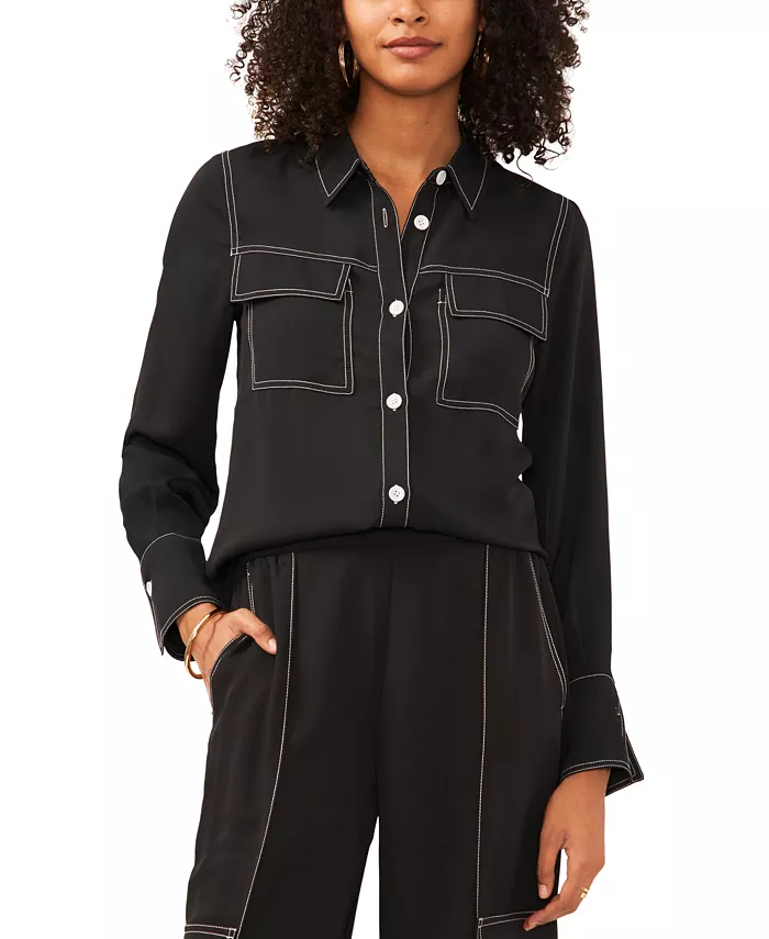Women's Contrast Stitch Button Front Collared Top - thumbnail 7