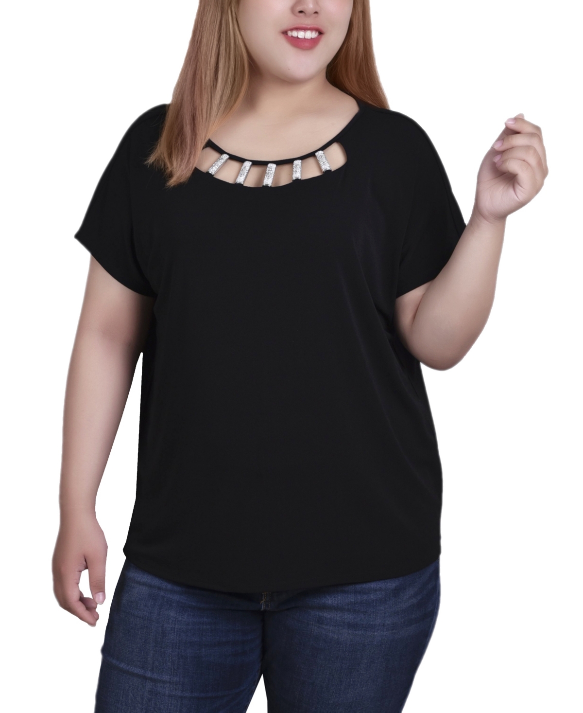Ny Collection Plus Size Short Sleeve Top With Cutouts And Hardware In Black