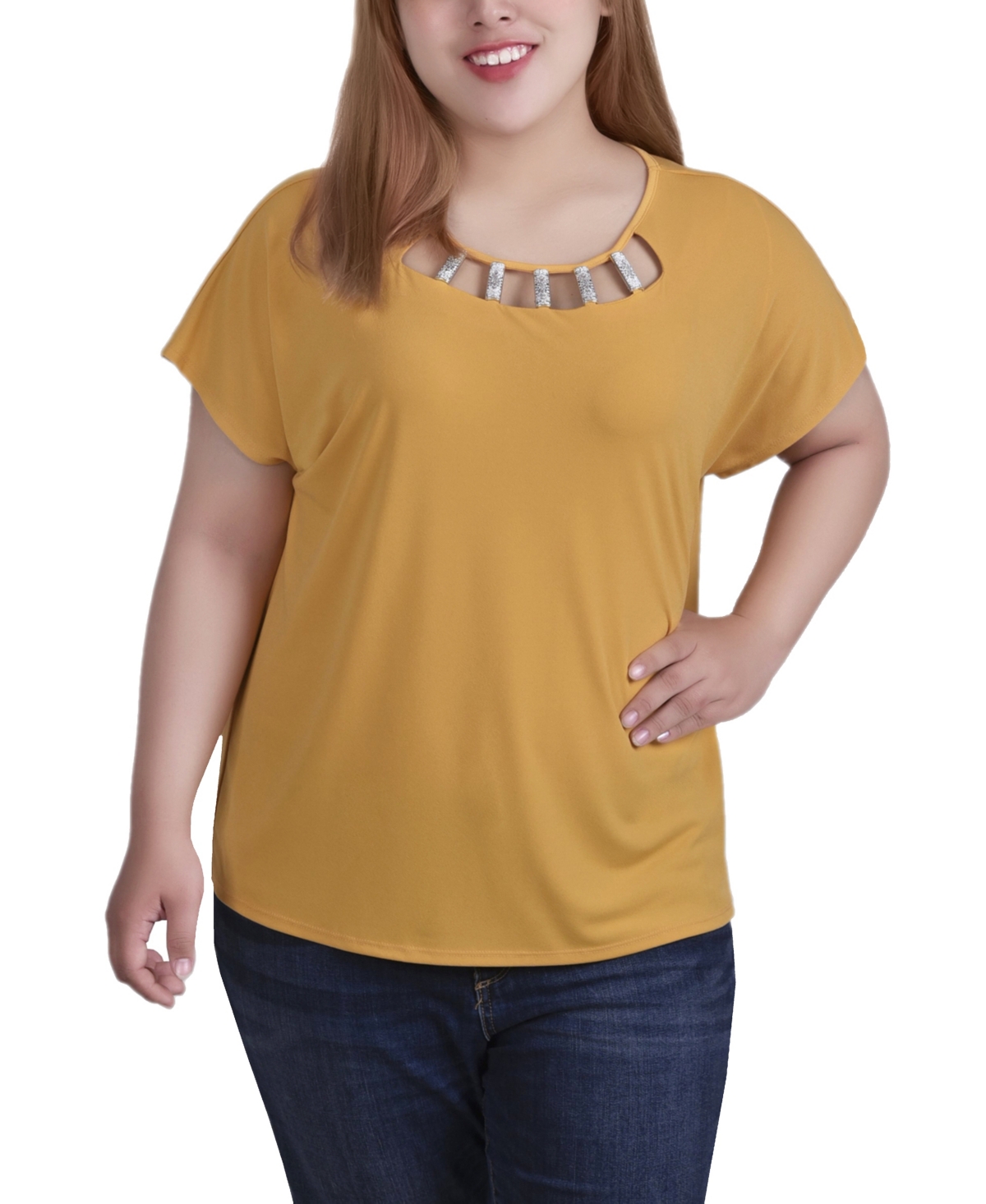 Ny Collection Plus Size Short Sleeve Top With Cutouts And Hardware In Golden Glow