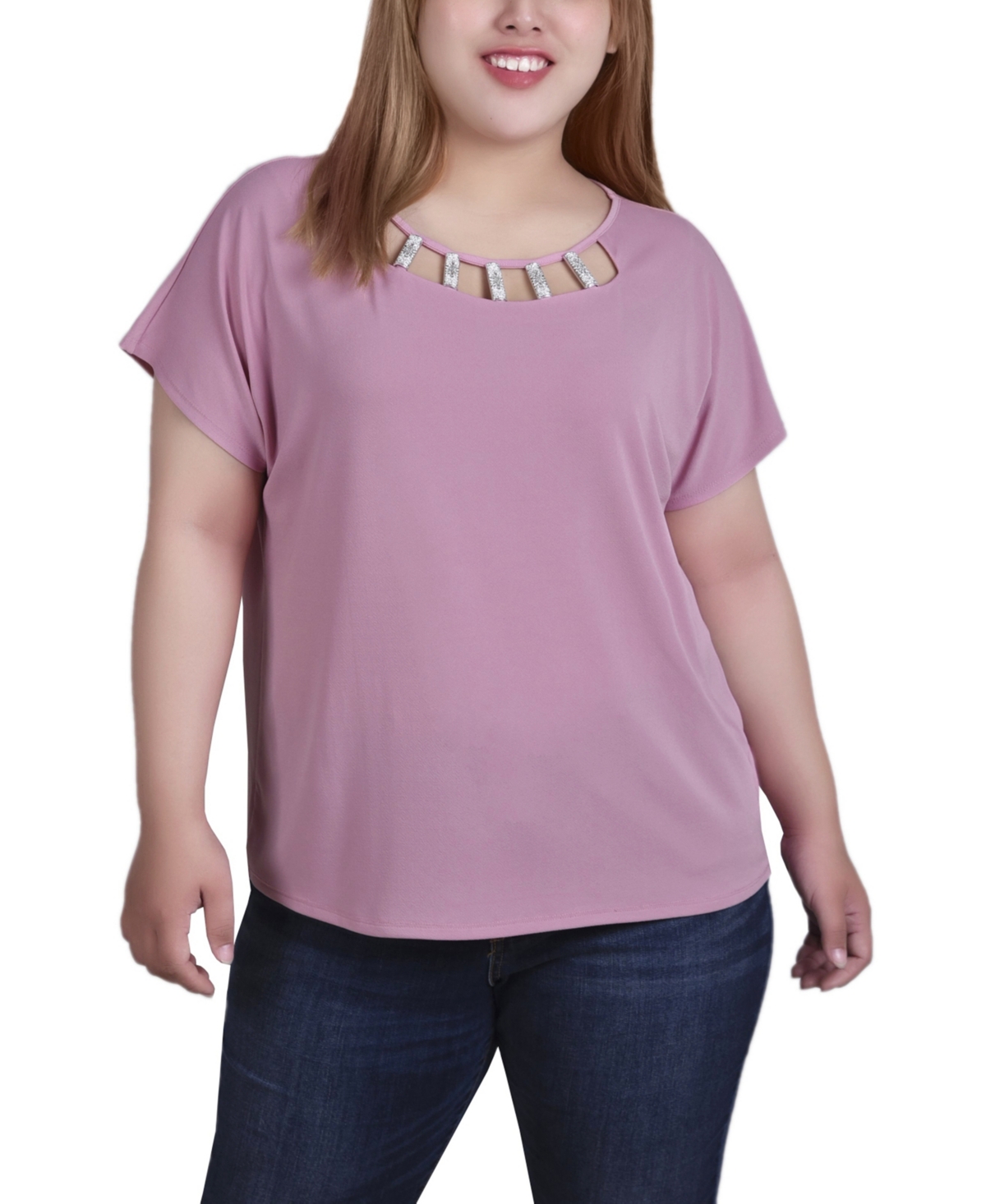 Ny Collection Plus Size Short Sleeve Top With Cutouts And Hardware In Mauve