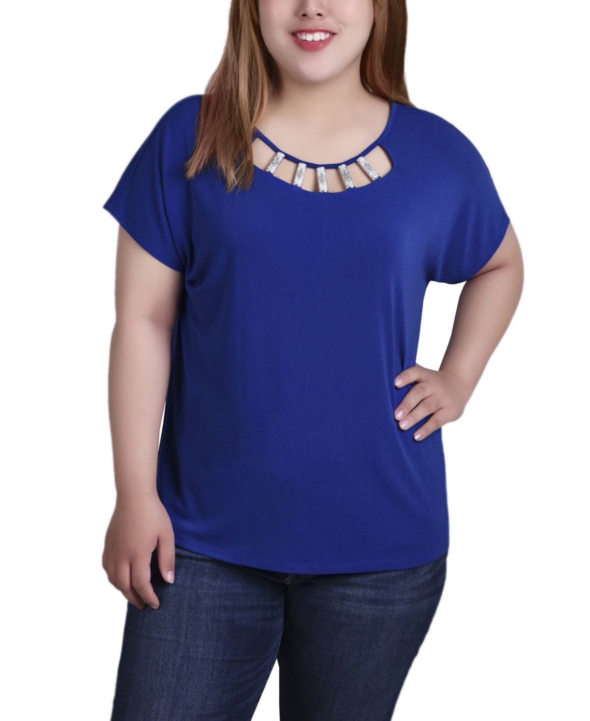 Ny Collection Plus Size Short Sleeve Top With Cutouts And Hardware In Surf The Web
