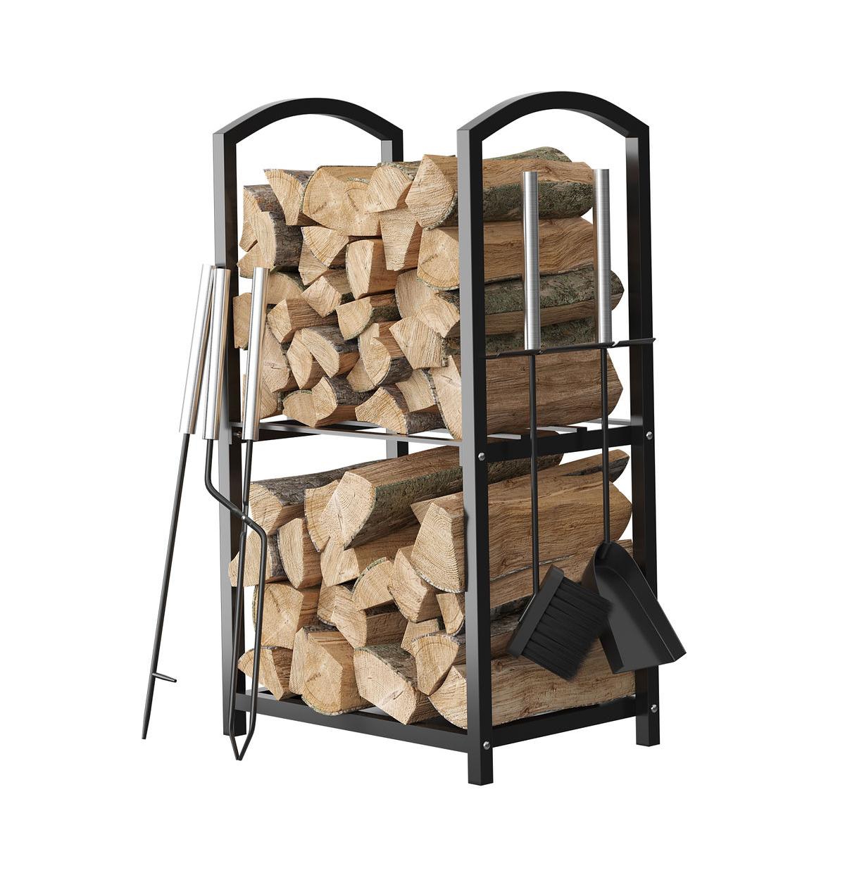 Firewood Rack Outdoor Indoor - 2-Tier Firewood Holder with Fireplace Tools Set, Brush, Shovel, Poker, Tongs - Waterproof Steel Pipe Log Holder, Black