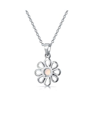 White Rainbow Opal Daisy Flower Pendant Necklace Sterling Silver October Stone