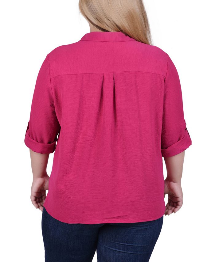 Ny Collection Womens Plus 3 4 Sleeve Roll Tab Y Neck Blouse Blue Size 2x main image 1