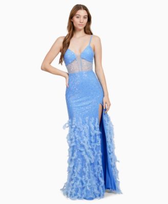 Dear Moon - Juniors' Embellished Illusion-Corset Feather-Skirt Gown
