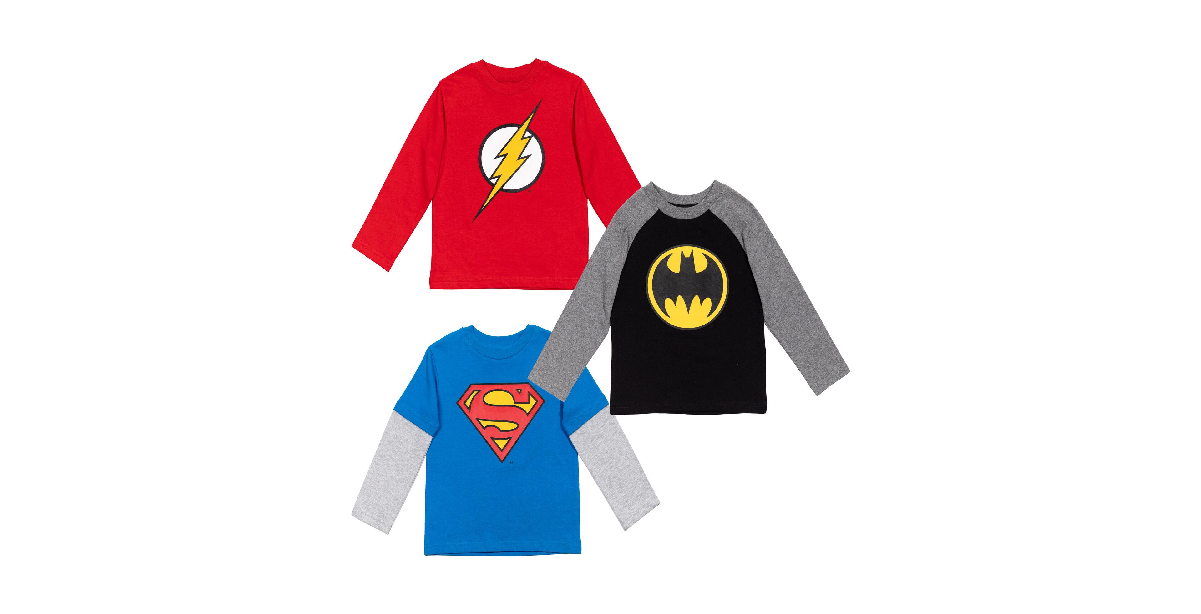 Justice League Little Boys Batman Superman The Flash 3 Pack Hang down Long Sleeve T-Shirts