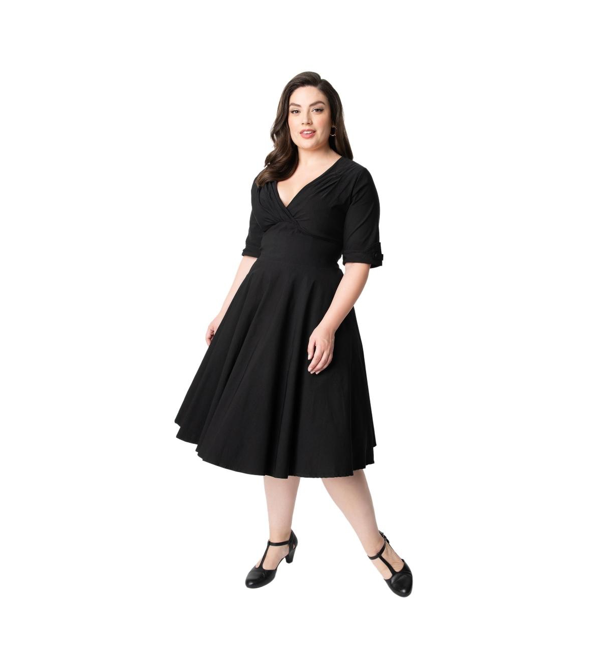Plus Size Half Sleeve Surplice Delores Swing Dress - Black