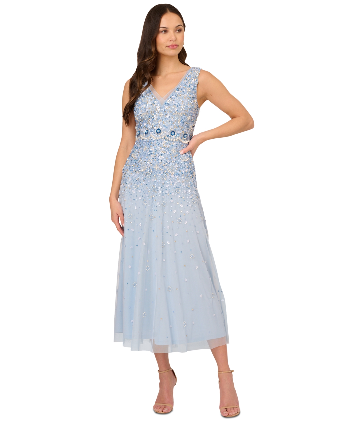 Shop Adrianna Papell Women's Embellished V-neck Dress In Elegant Sky