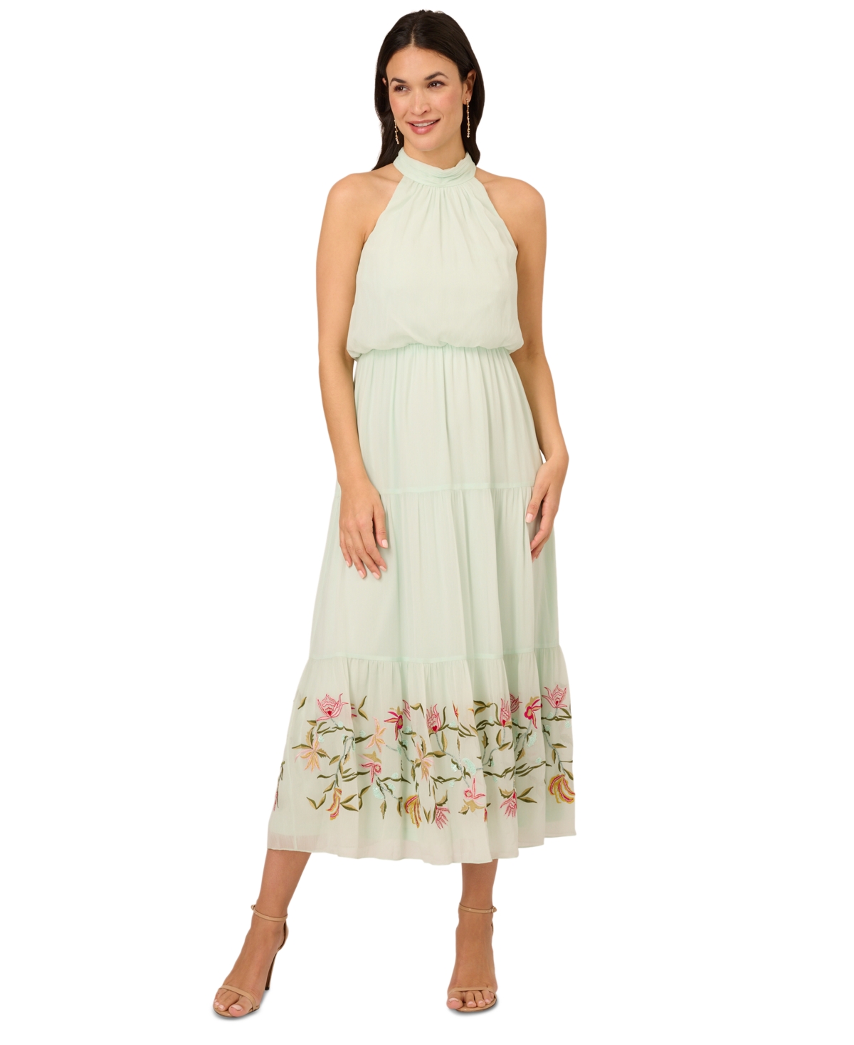 Shop Adrianna Papell Women's Embroidered Chiffon Halter Midi Dress In Mint Glass