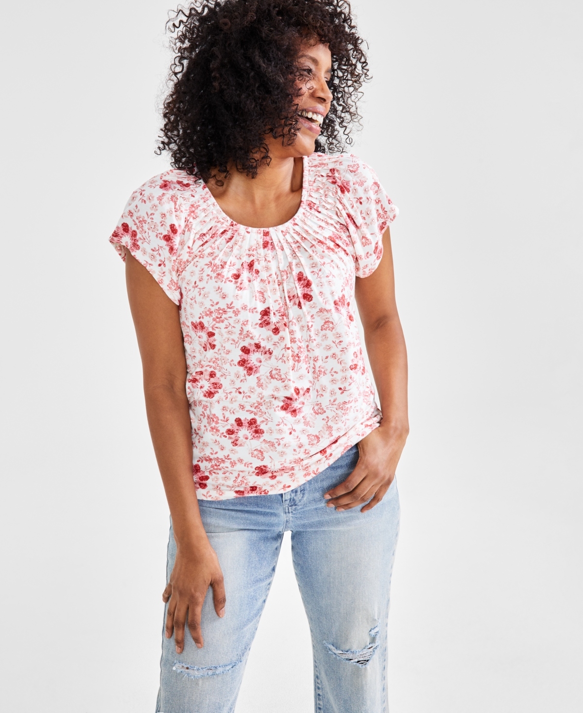 Style & Co Petite Pleated-neck Floral Top, Created For Macy's In Pottery Shiitake