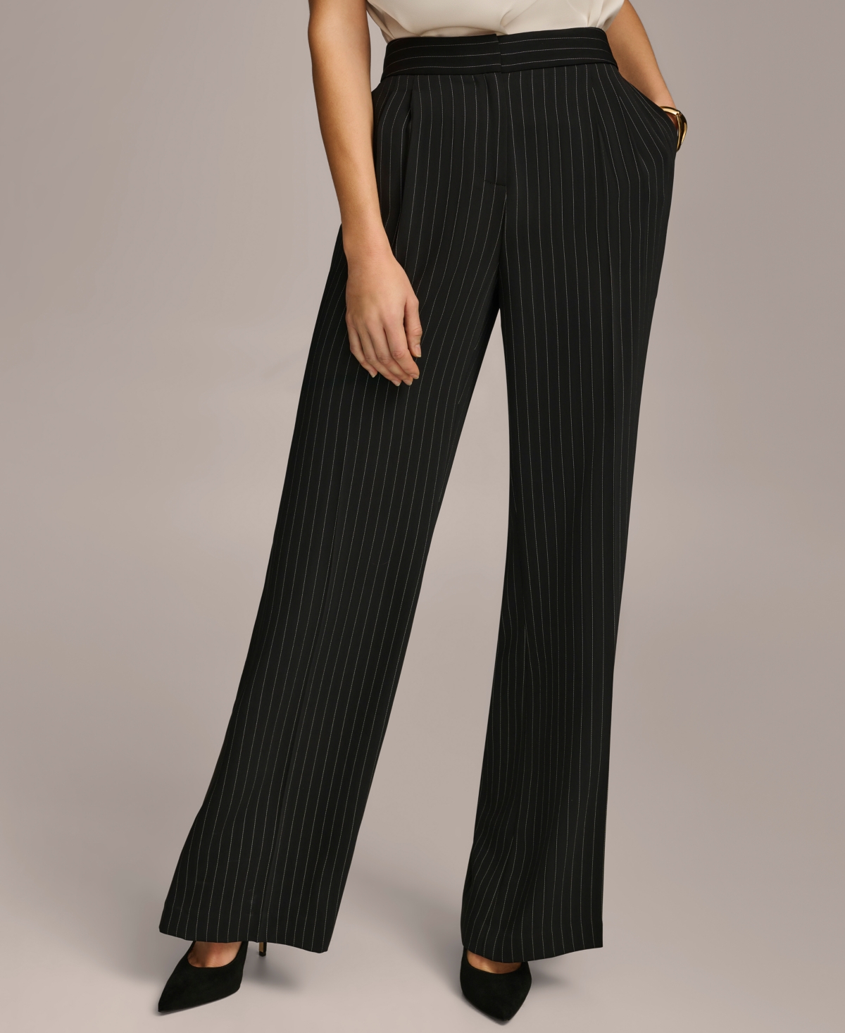 Shop Donna Karan Women's Pinstripe Wide-leg Pant In Black,cream