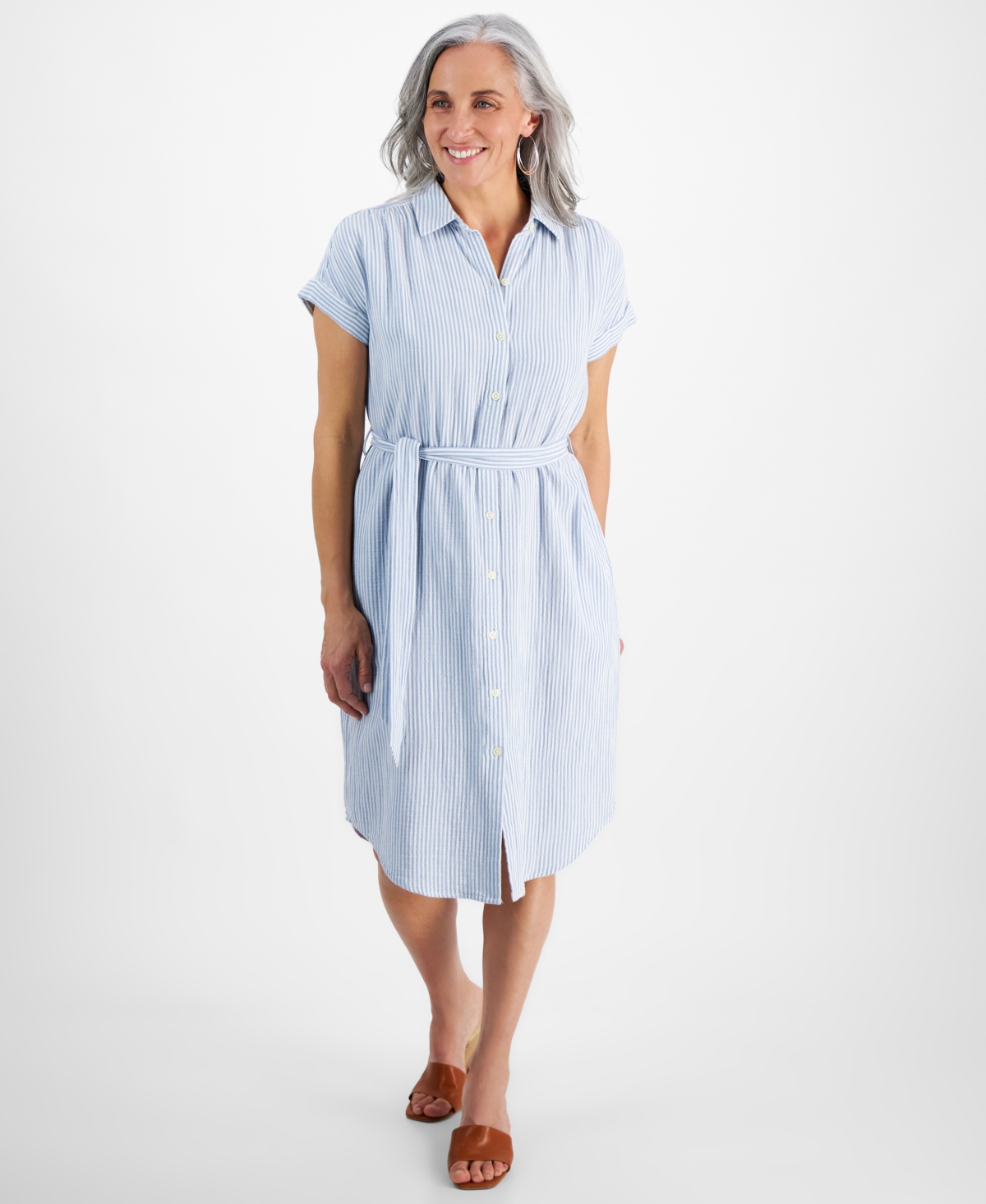 Petite Striped Cotton Camp Shirt Dress, Created for Macy's - Feeder Blue