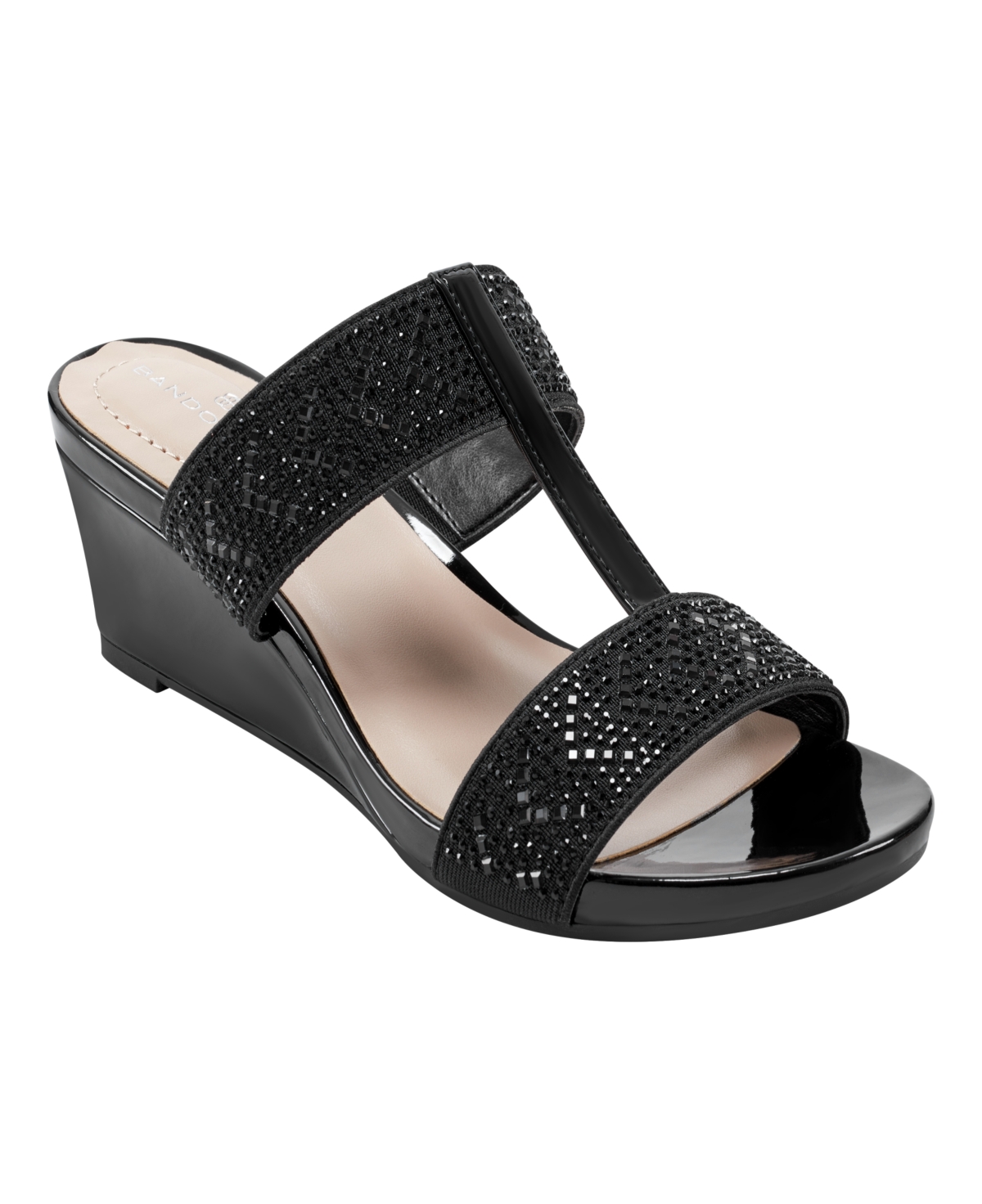 Bandolino Women's Iluvit Embellished Dress Wedge Sandals In Black- Textile,faux Patent Leather