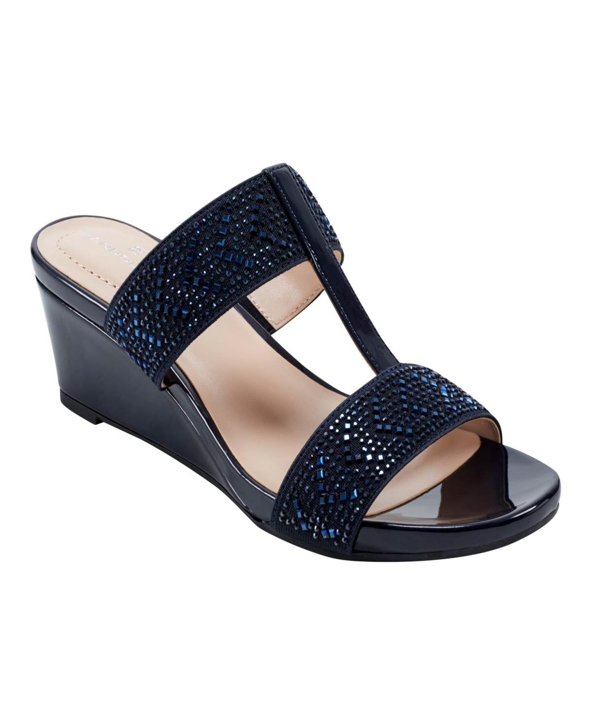 Bandolino Women's Iluvit Embellished Dress Wedge Sandals In Navy- Textile,faux Patent Leather