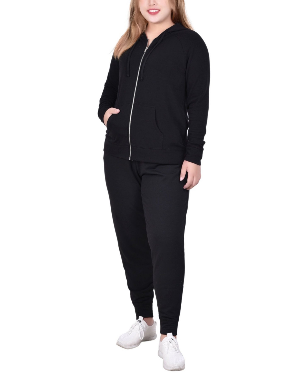 Ny Collection Plus Size Long Sleeve French Terry Hooded Sweatshirt And Jogger Pants, 2 Piece Set In Black
