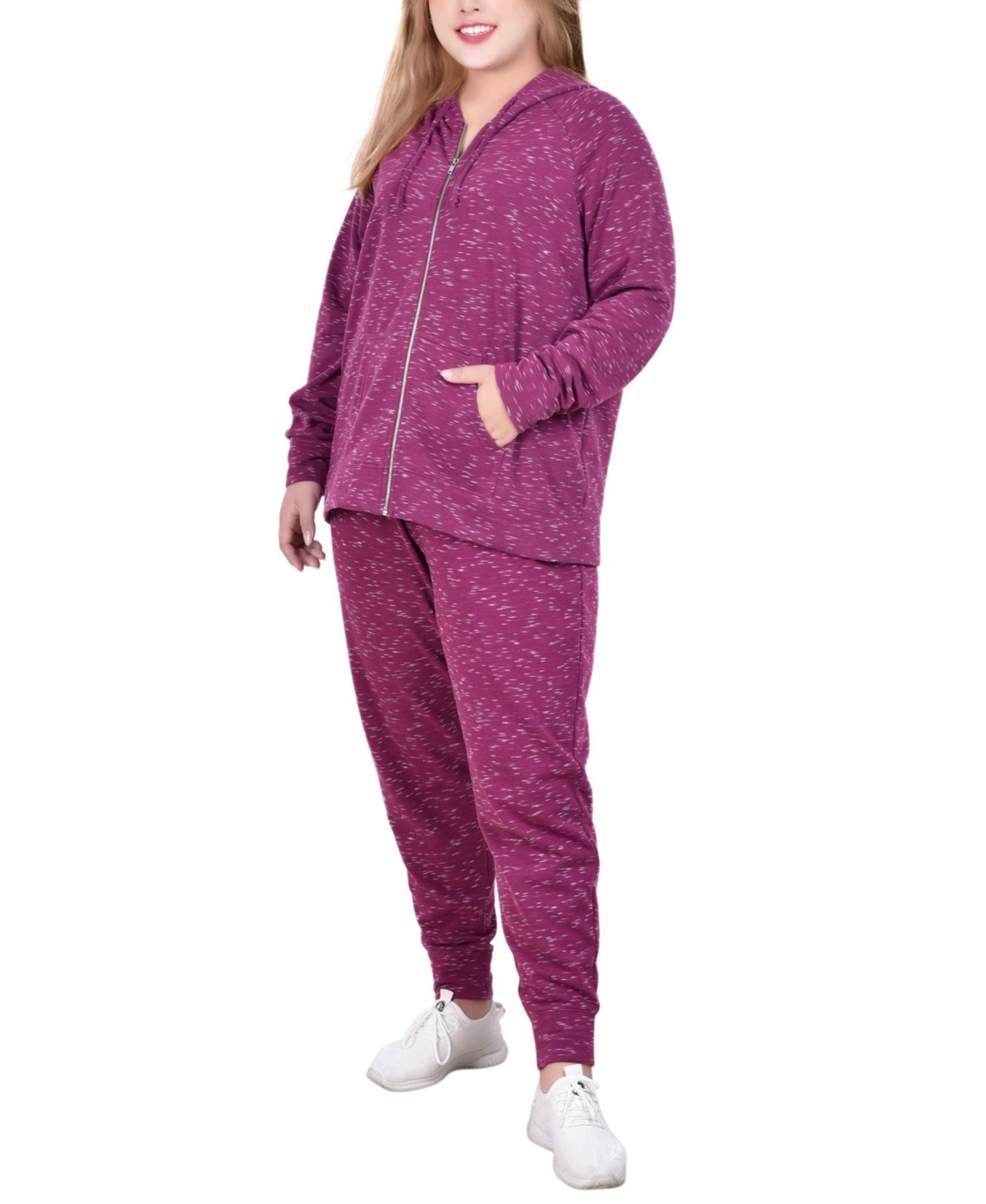 Ny Collection Plus Size Long Sleeve French Terry Hooded Sweatshirt And Jogger Pants, 2 Piece Set In Berry