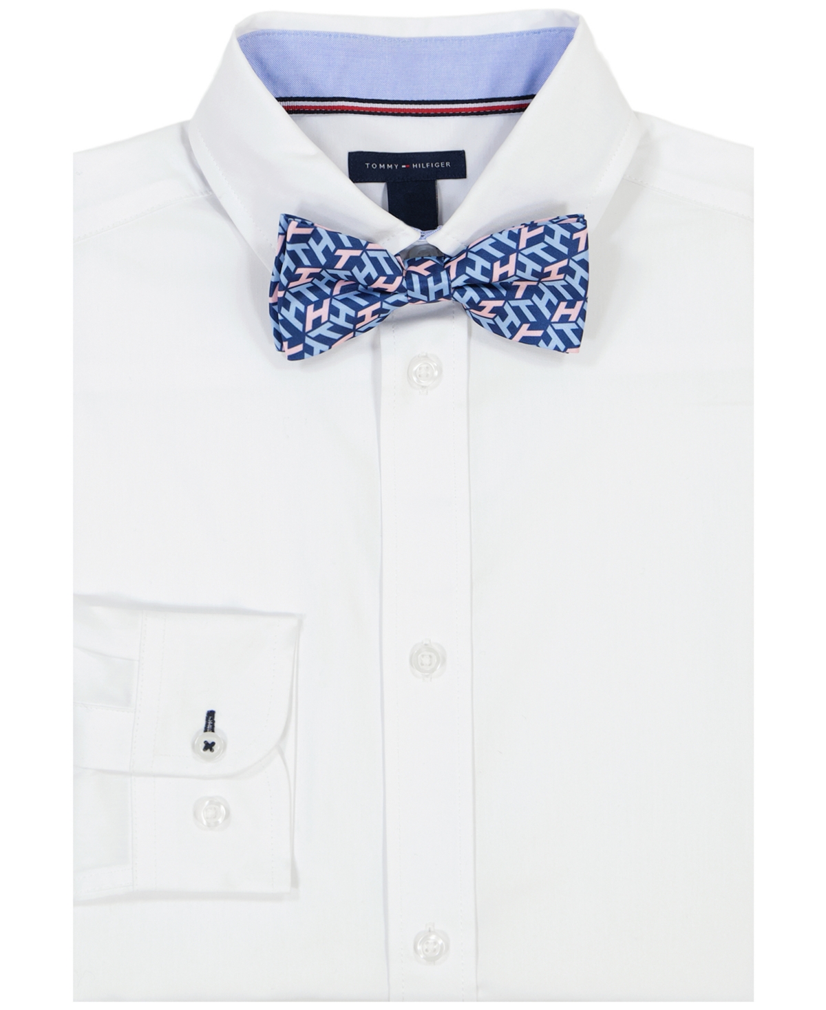Tommy Hilfiger Kids' Big Boys Long Sleeve Stretch Solid Poplin Dress Shirt With Bow Tie In White