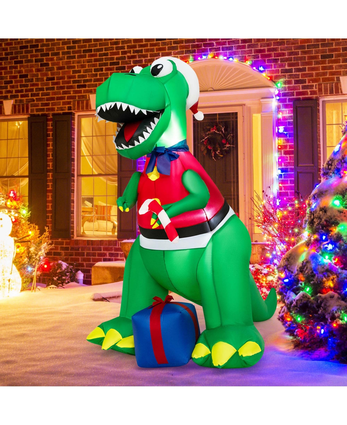 6FT Inflatable Christmas Dinosaur Dinosaur Decoration with Led Lights & Gift Box - Green