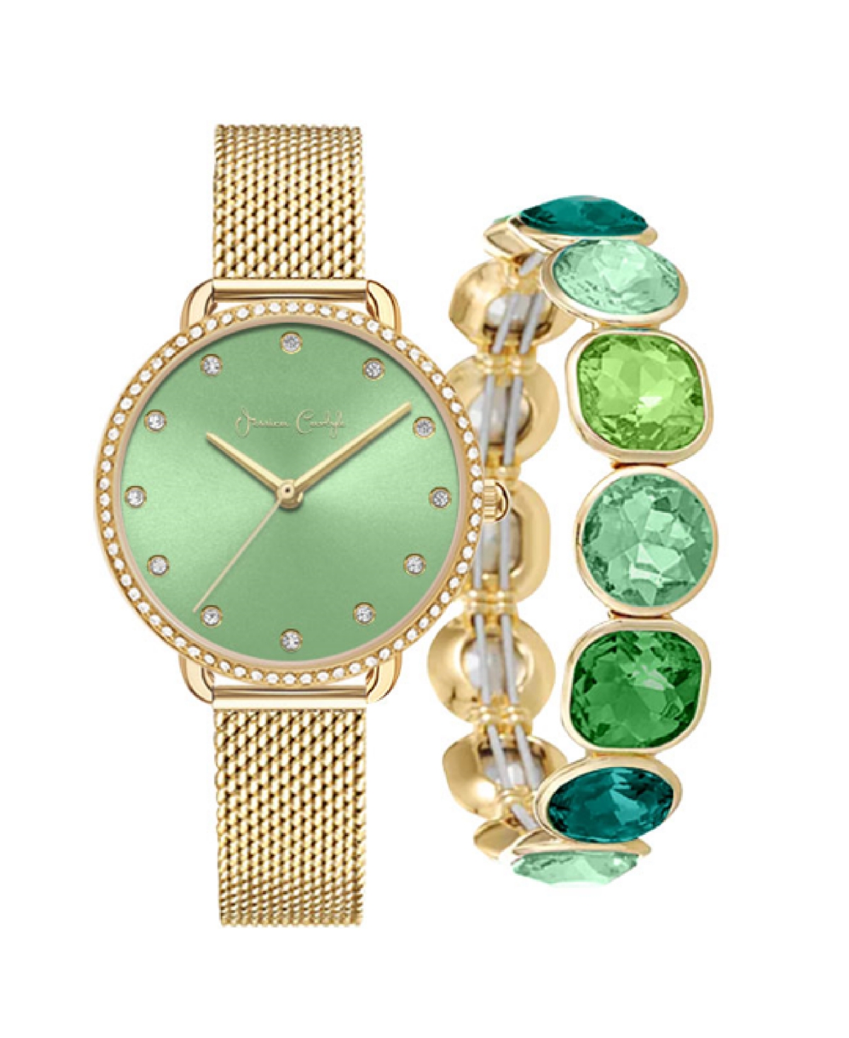 Women's Quartz Gold-Tone Mesh Watch 34mm Gift Set - Shiny Gold, Light Green Sunray