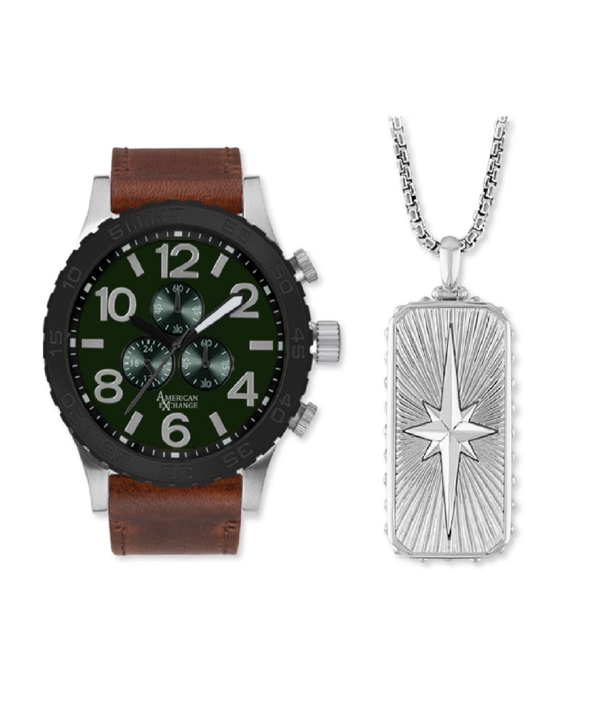 American Exchange Men's Quartz Brown Polyurethane Leather Strap Watch 48mm Gift Set In Brown,matte Green