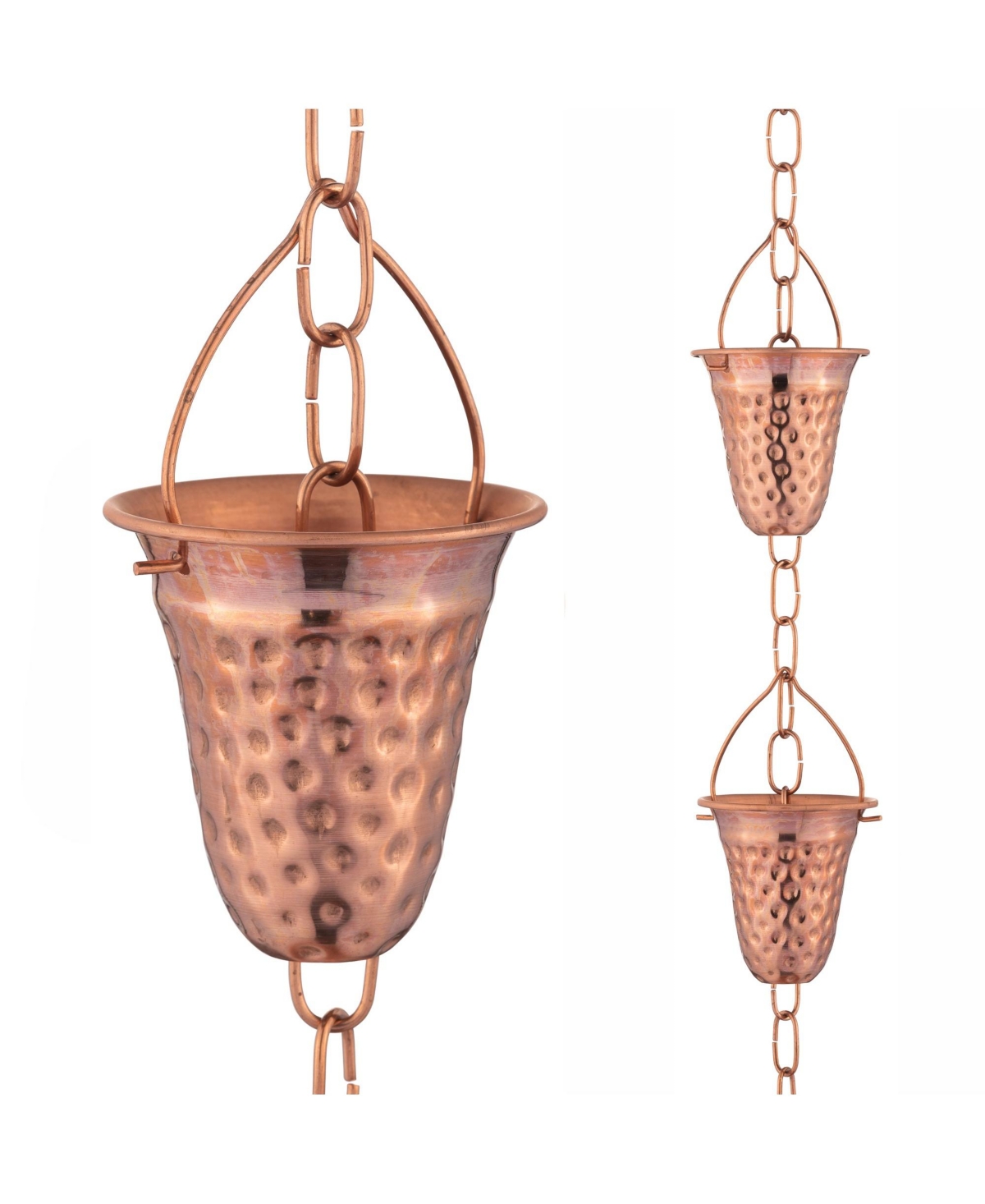 Copper Rain Chain with Hammered Bell Style Cups for Gutter Downspout Replacement - Copper