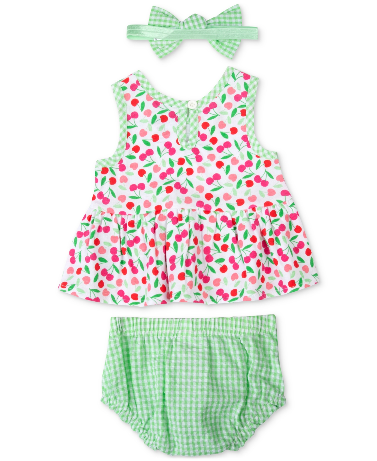 Shop Baby Essentials Baby Girls Cherry-print Top, Bloomer And Headband, 3 Piece Set In Green