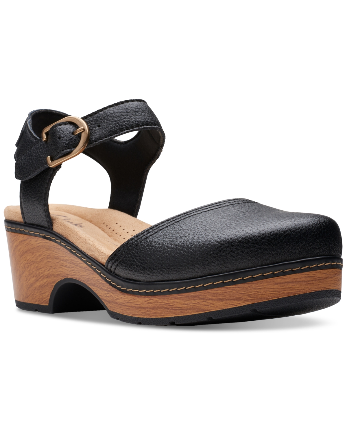 Clarks Paizlee Bay Clog-style Block Heel Platform Shoes In Black Leat