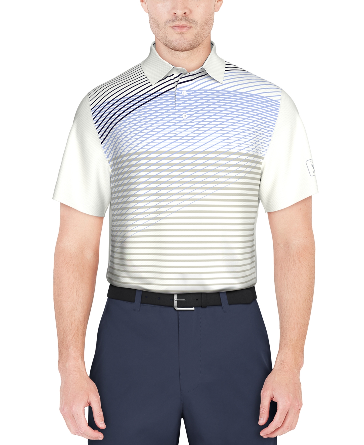 Shop Pga Tour Men's Asymmetric Linear-print Short-sleeve Golf Polo Shirt In Bright White