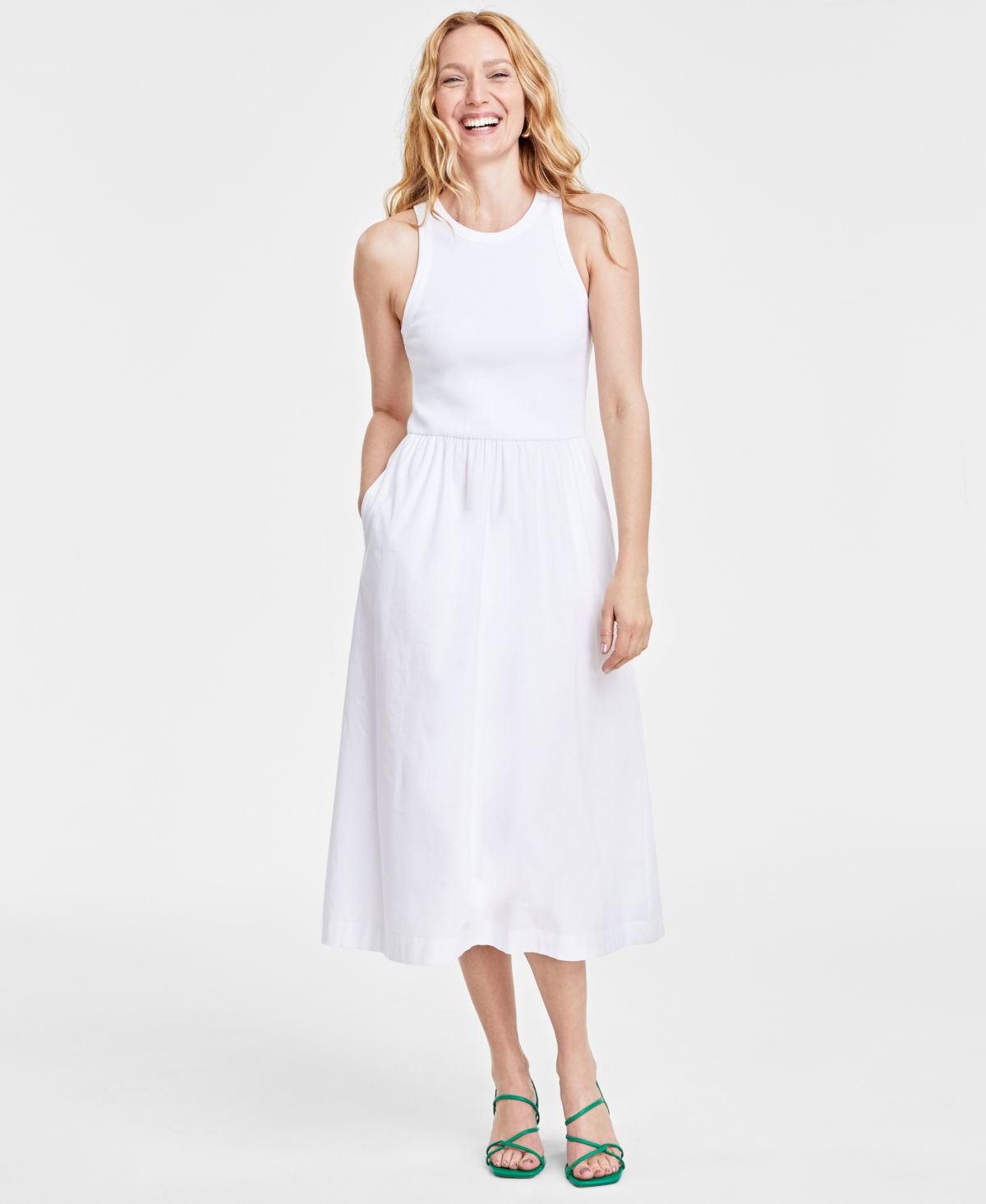 Shop On 34th Round-neck Ribbed-bodice Midi Dress, Created For Macy's In Bright White