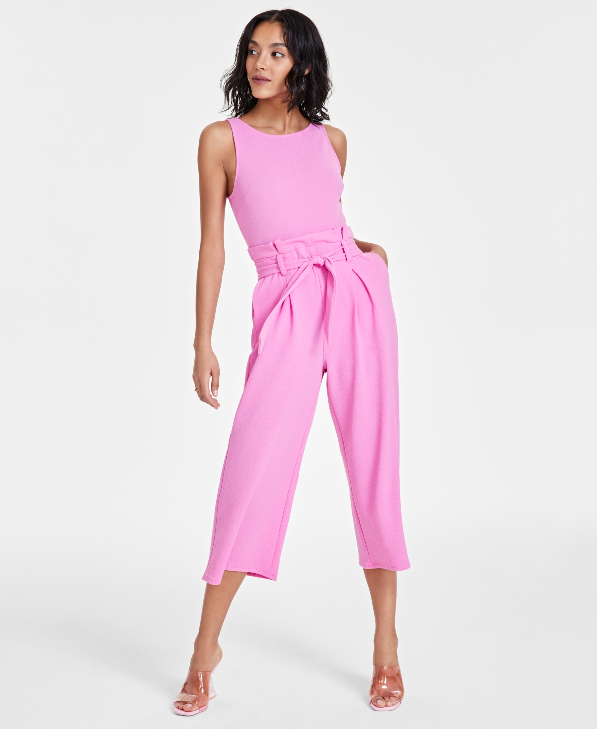 Shop Bar Iii Women's Sleeveless Crewneck Tie-waist Jumpsuit, Regular & Petite, Created For Macy's In Wild Pink