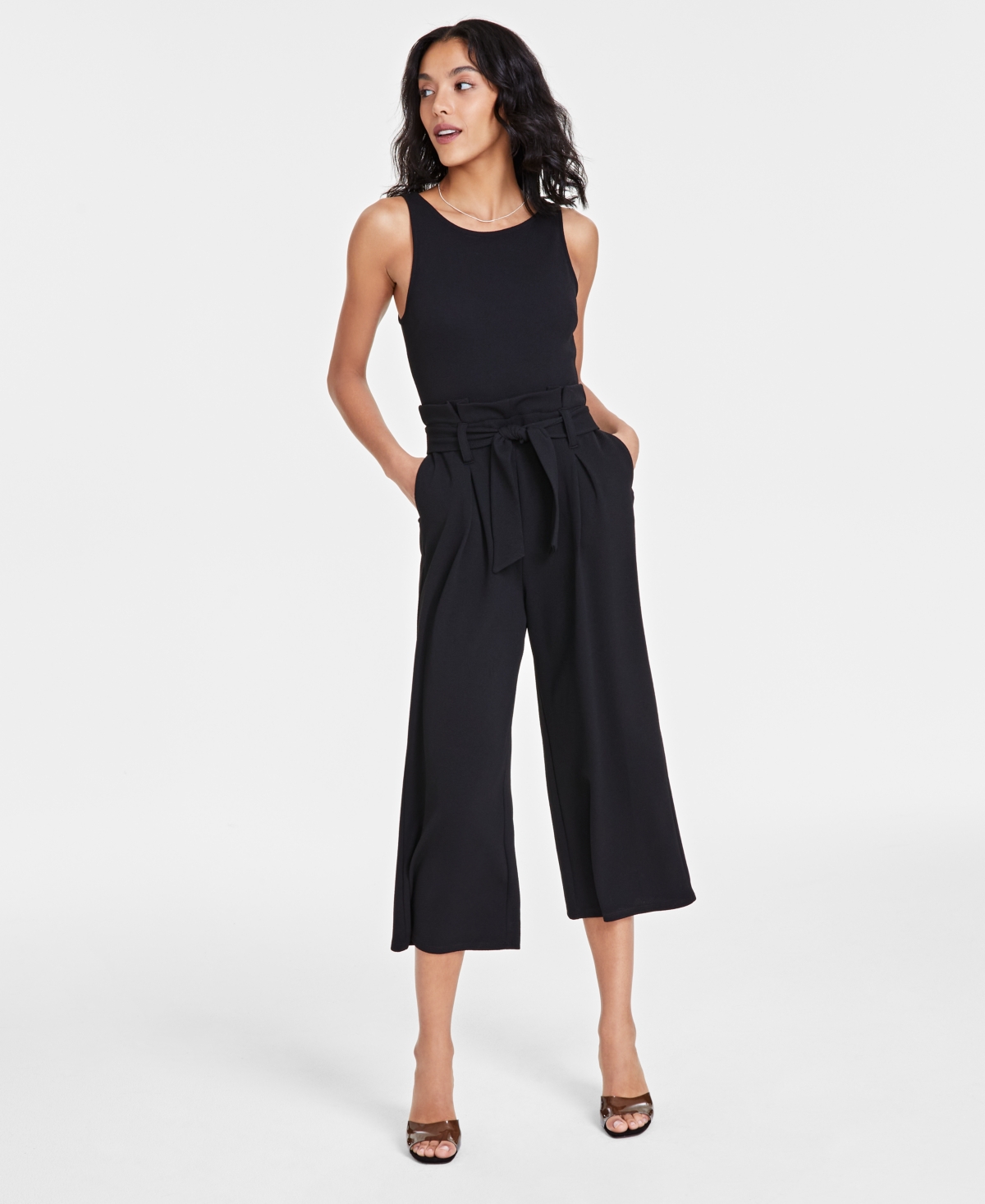 Shop Bar Iii Women's Sleeveless Crewneck Tie-waist Jumpsuit, Regular & Petite, Created For Macy's In Deep Black