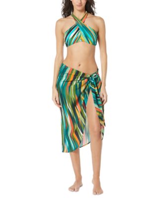 Printed Cross Front Bikini Top Bottom Tie Front Cover Up Skirt