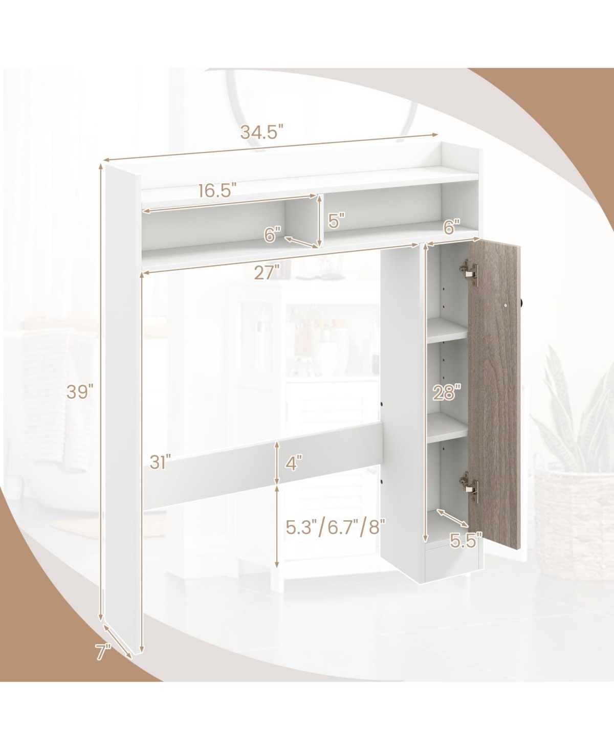 Sugift Bathroom Over the Toilet Floor Storage Organizer with Adjustable Shelves - White