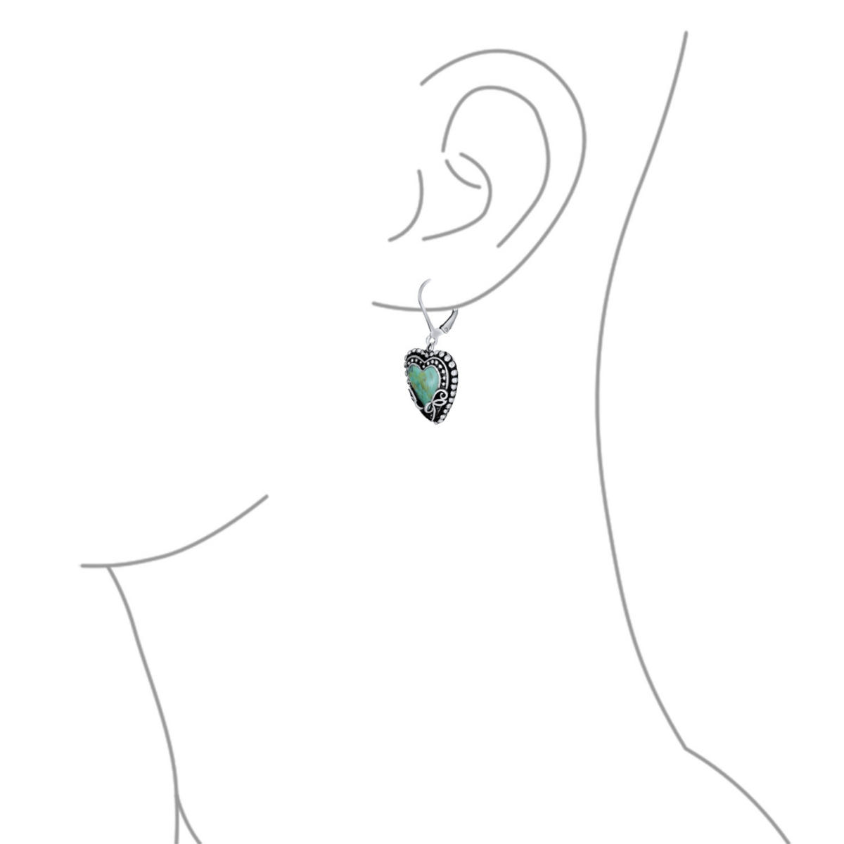 Bling Jewelry Boho Bali Style Scroll Filigree Blue Natural Turquoise Heart Shaped Dangling Earrings For Women Oxidized Sterling Silver Lever back - Bl