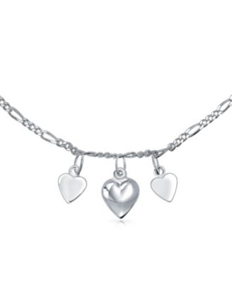 Three Multi Dangling Hearts Charms Anklet Ankle Figaro Bracelet Sterling Silver Adjustable 9 To 10 Inch With Extender