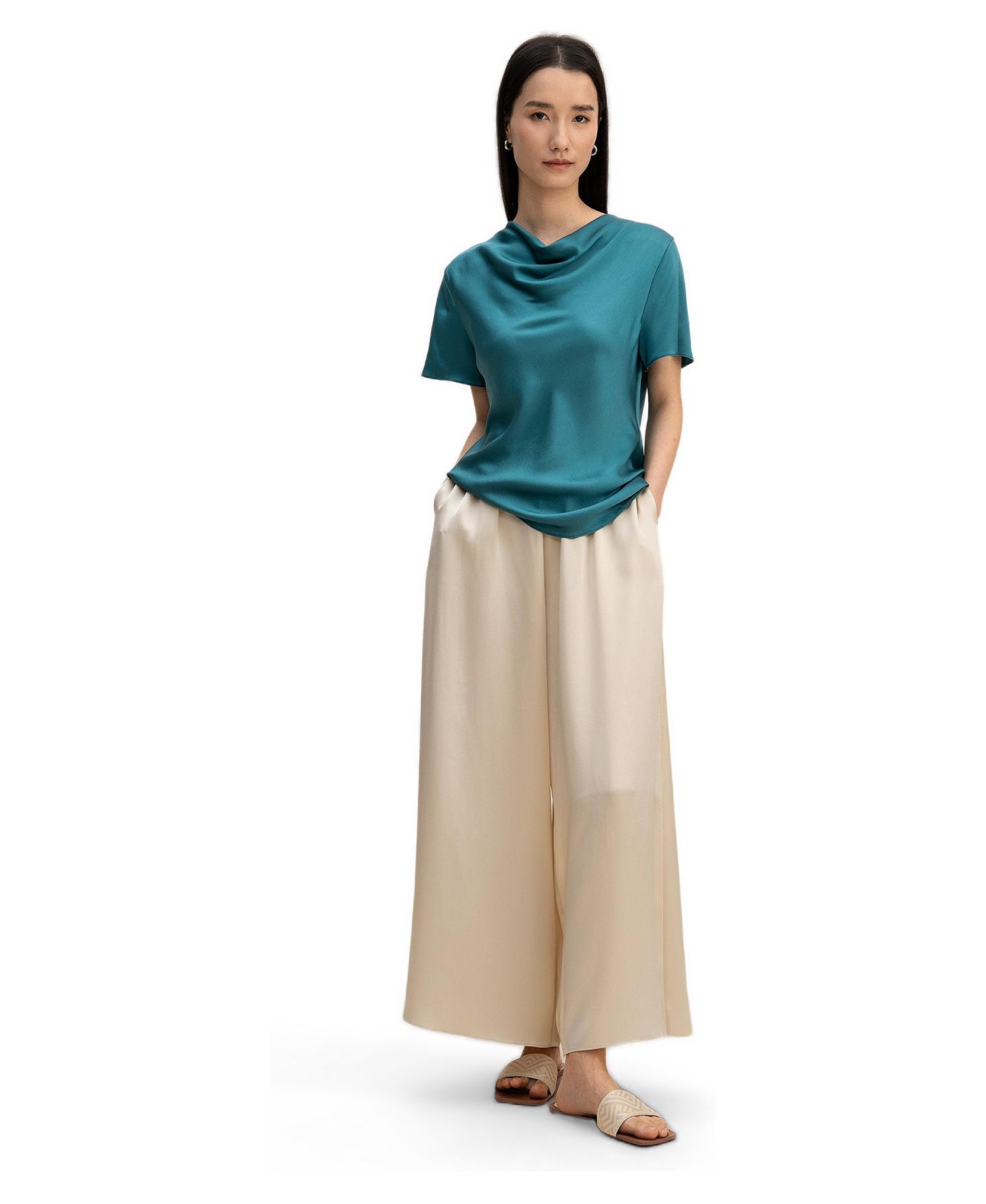 Женская футболка LILYSILK Cowl Neck Short Sleeves Silk, цвет: Синий — фото 4