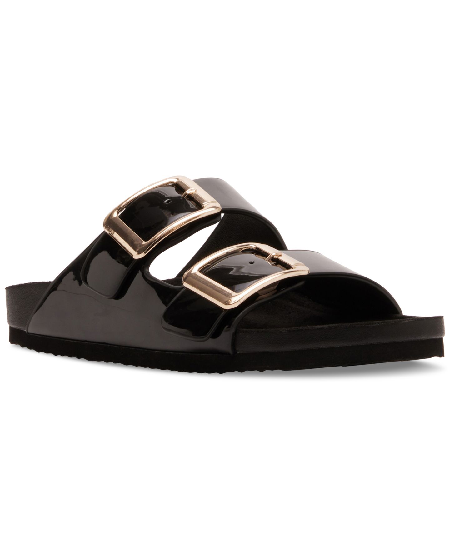Женские сандалии Madden Girl Bodie Buckle Footbed Slide, цвет: Чёрный лаковый — фото 1