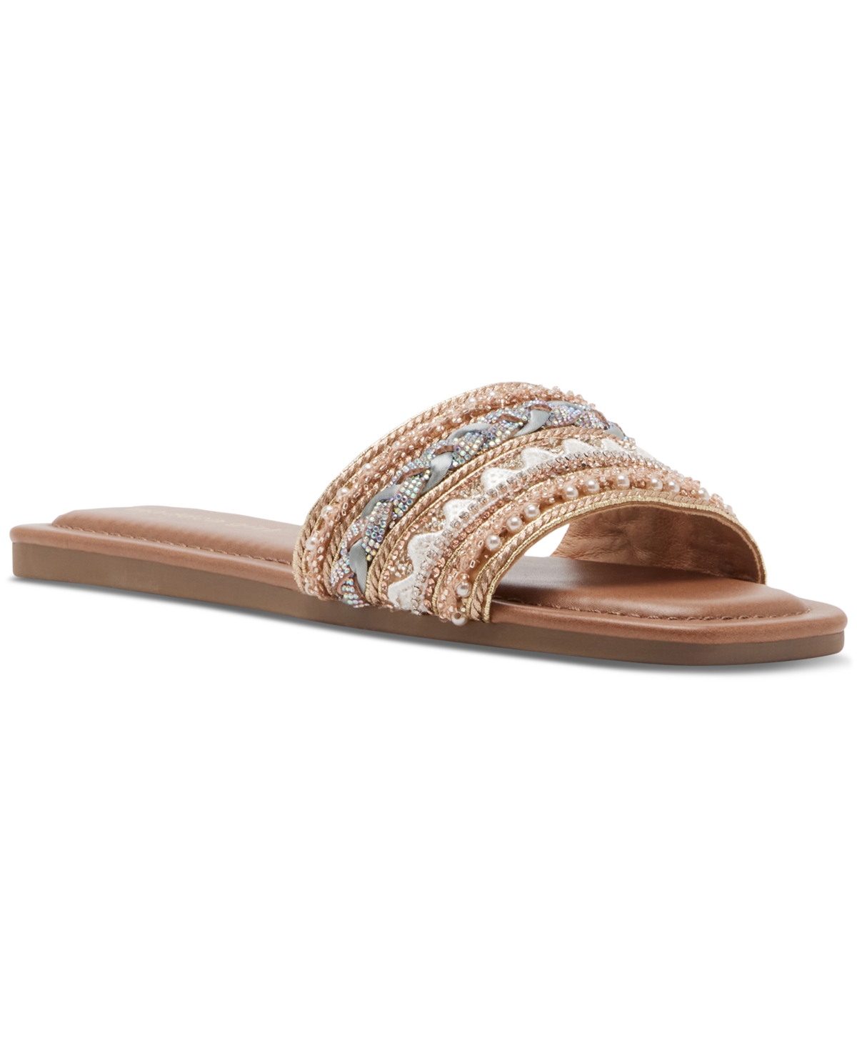 Thread Beaded Square-Toe Slide Flat Sandals - Blush Multi