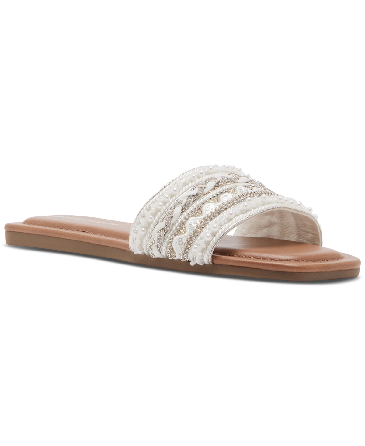 Thread Beaded Square-Toe Slide Flat Sandals - Blush Multi