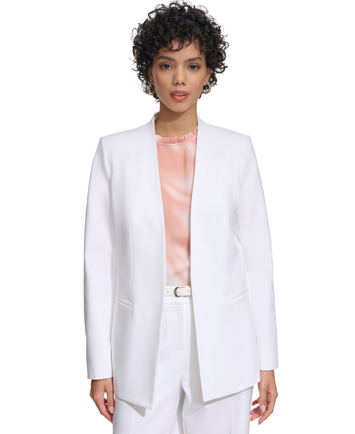 Shop Calvin Klein Petite Open-front Shoulder-padded Blazer In White