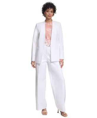 Shop Calvin Klein Petite Open Front Blazer Ruffled Neck Top Wide Leg Pants In White