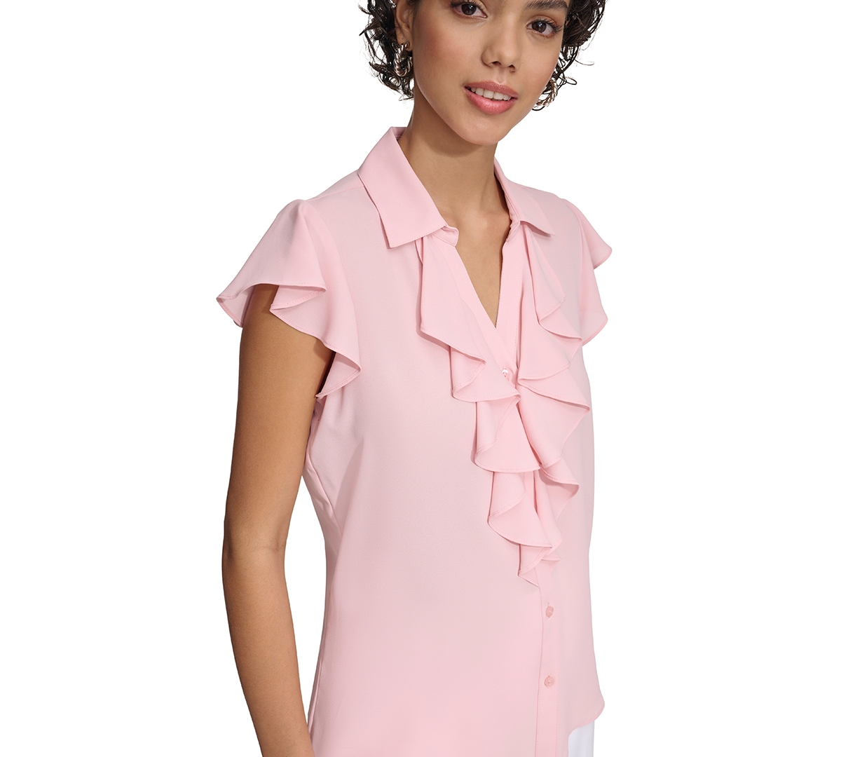 Shop Calvin Klein Petite Cap-sleeve Ruffle-front Blouse In Silver Pink