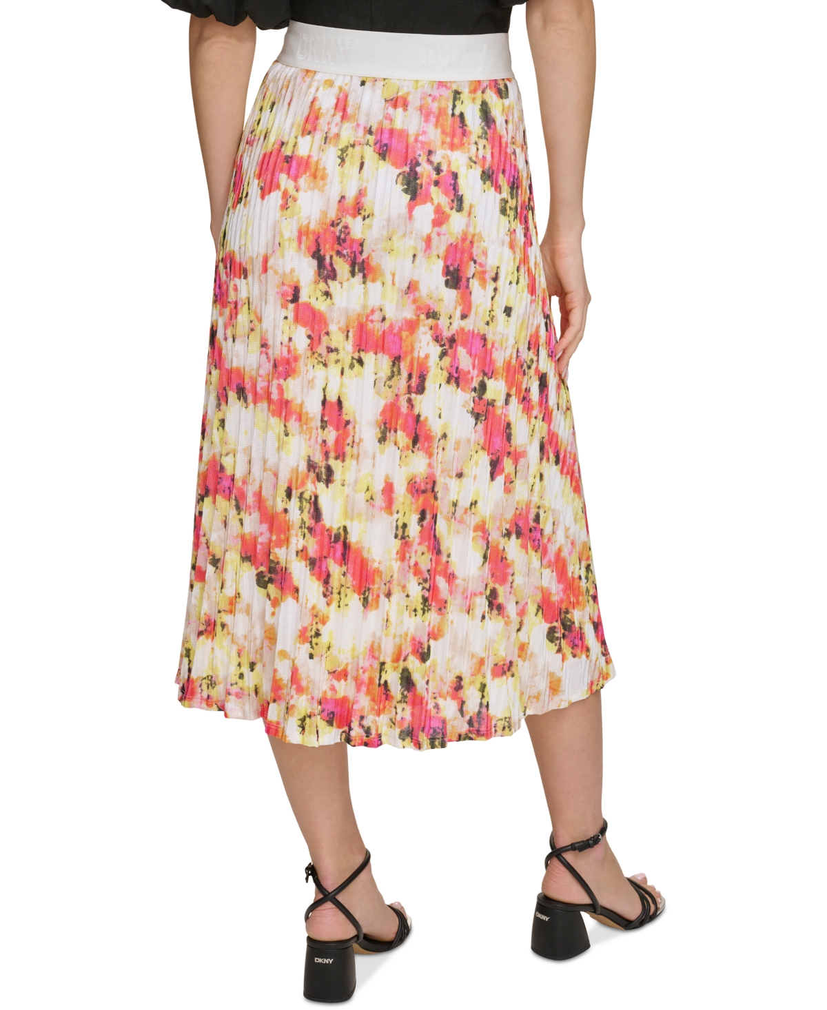 Shop Dkny Women's Printed Pleated Pull-on Midi Skirt In Ivory,orange Blossom Multi