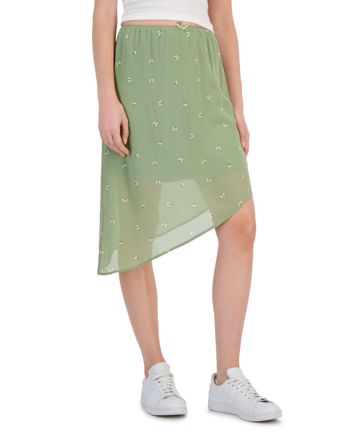 Hippie Rose Juniors' Printed Asymmetric Midi Skirt In Sage Butterfly