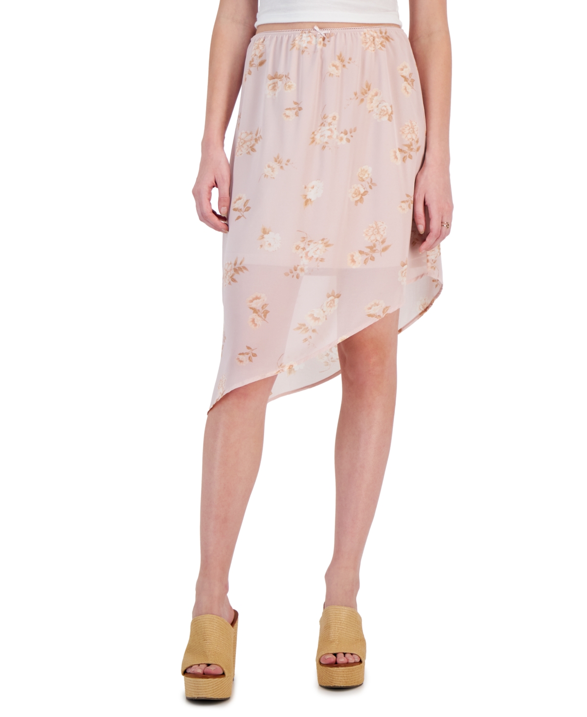 Hippie Rose Juniors' Printed Asymmetric Midi Skirt In Tan Floral