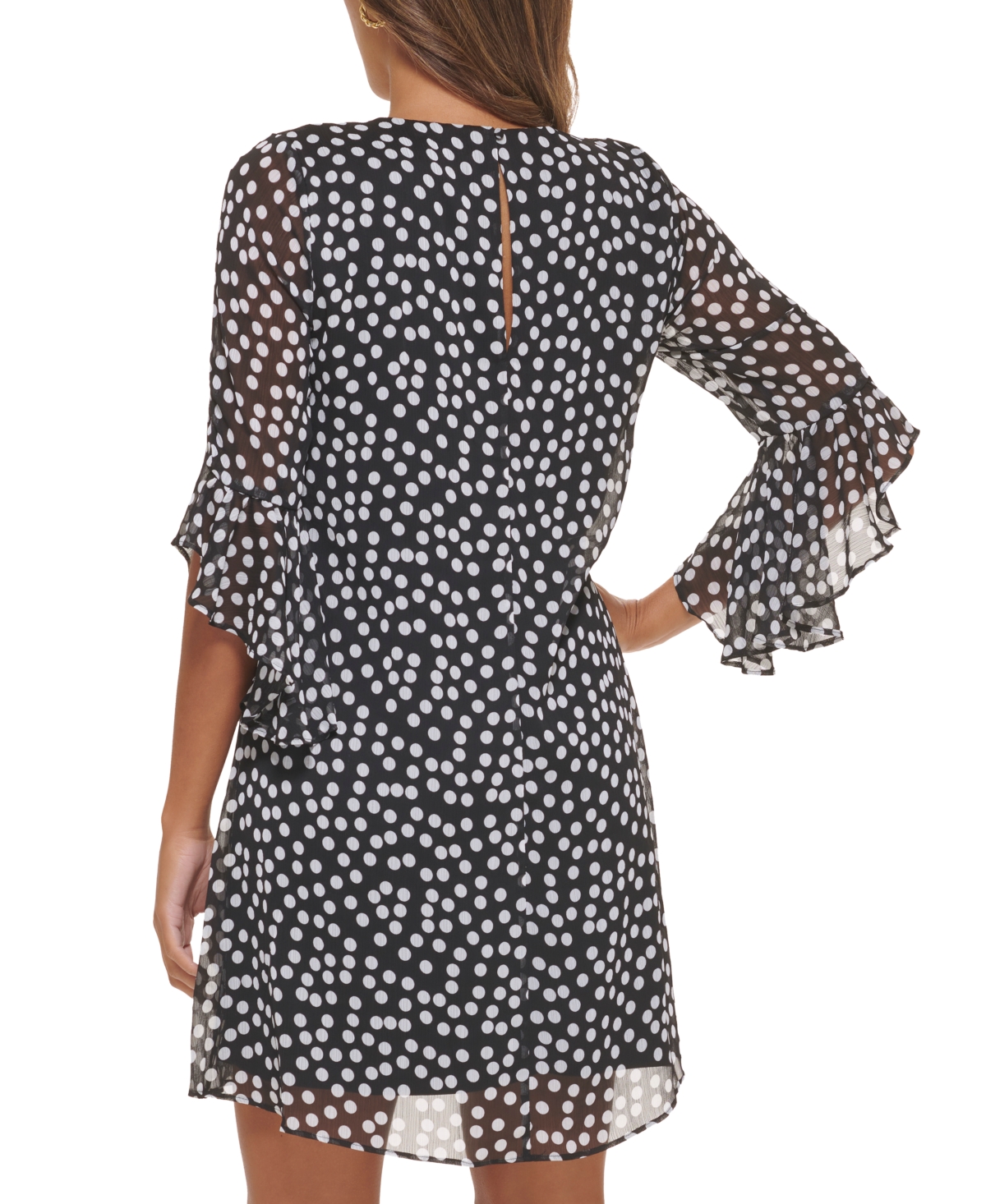Shop Calvin Klein Women's Printed Chiffon Bell-sleeve Dress In Black Cream