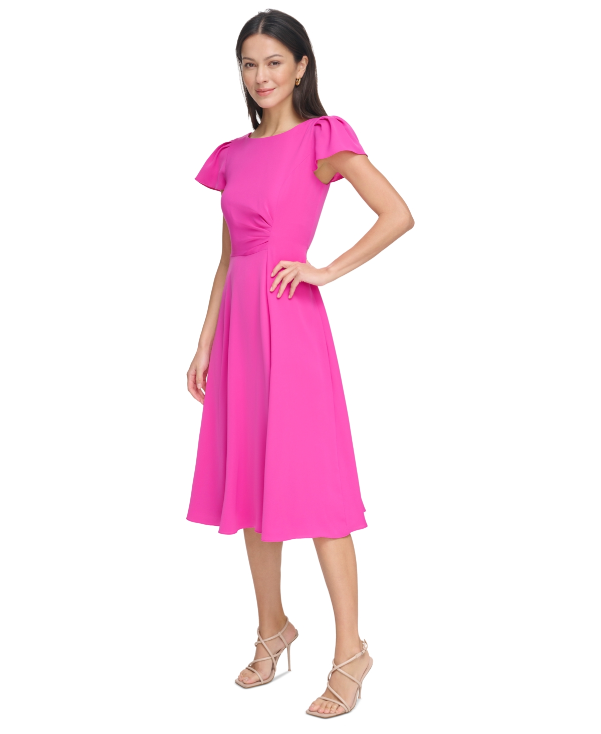Shop Dkny Women's Flutter-sleeve Side-ruched Dress In Power Pink