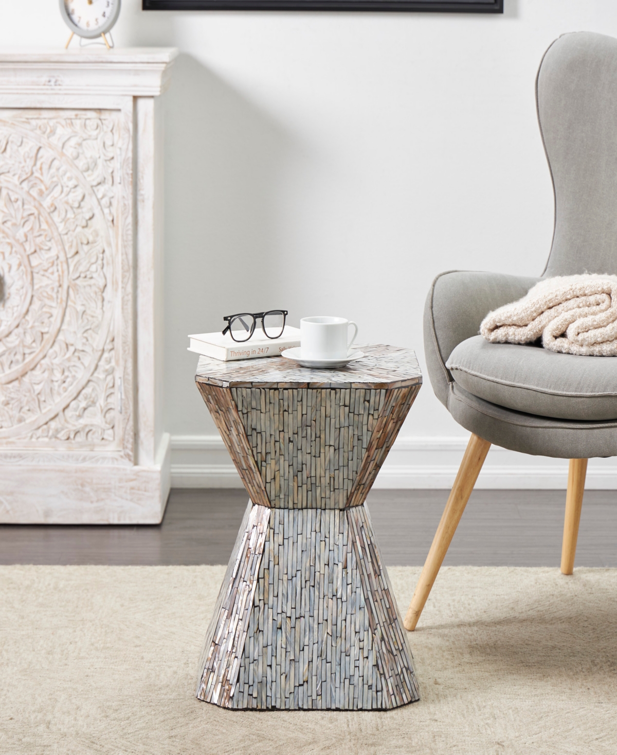 Rosemary Lane 16" x 16" x 20" Mother of Pearl Geometric Linear Mosaic Pattern Hourglass Accent Table