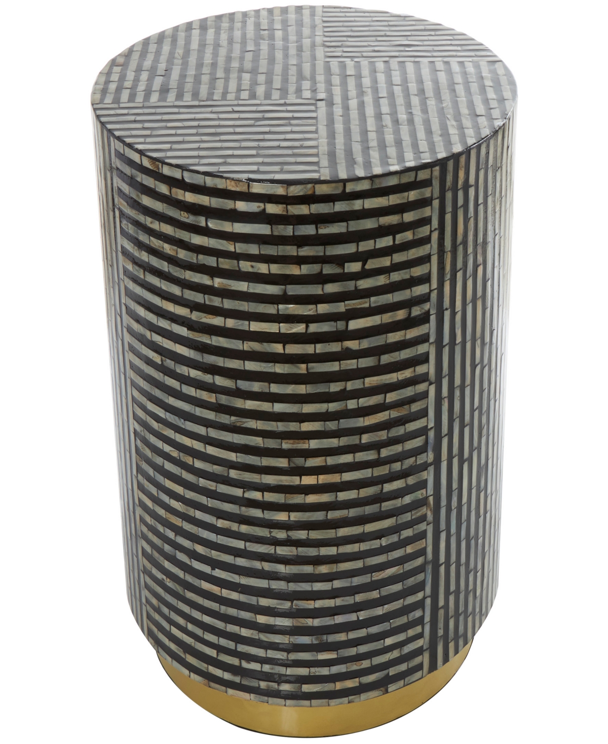 Rosemary Lane Mother Of Pearl Drum Accent Table With Linear Mosaic Pattern And Gold Base In Black